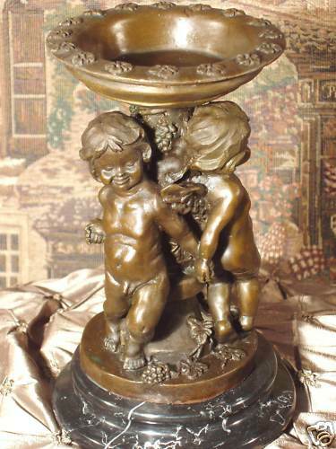 *  Pure Bronze Metal on Marble Ornate Candlestick Children Babes Baby Gift Art