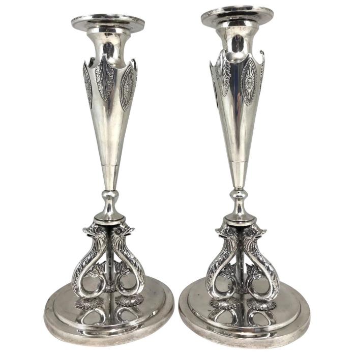 Pair of Early 19th c Georg Stephan Dörffer Sterling Silver Candlesticks with Dol