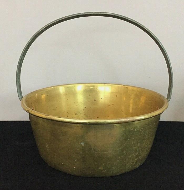 EARLY 19TH C LARGE BRASS COOKING POT w/ a WROUGHT IRON HANDLE