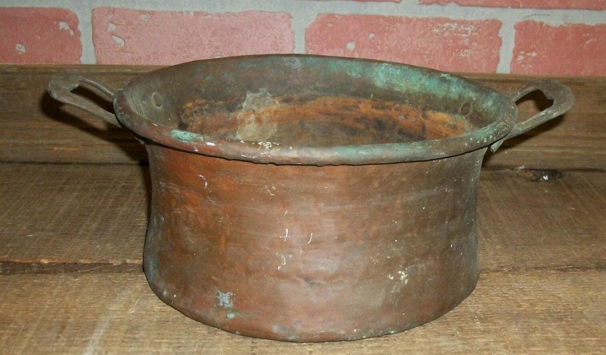 Antique Hammered Copper Side Handles Heavy Primitive Pan
