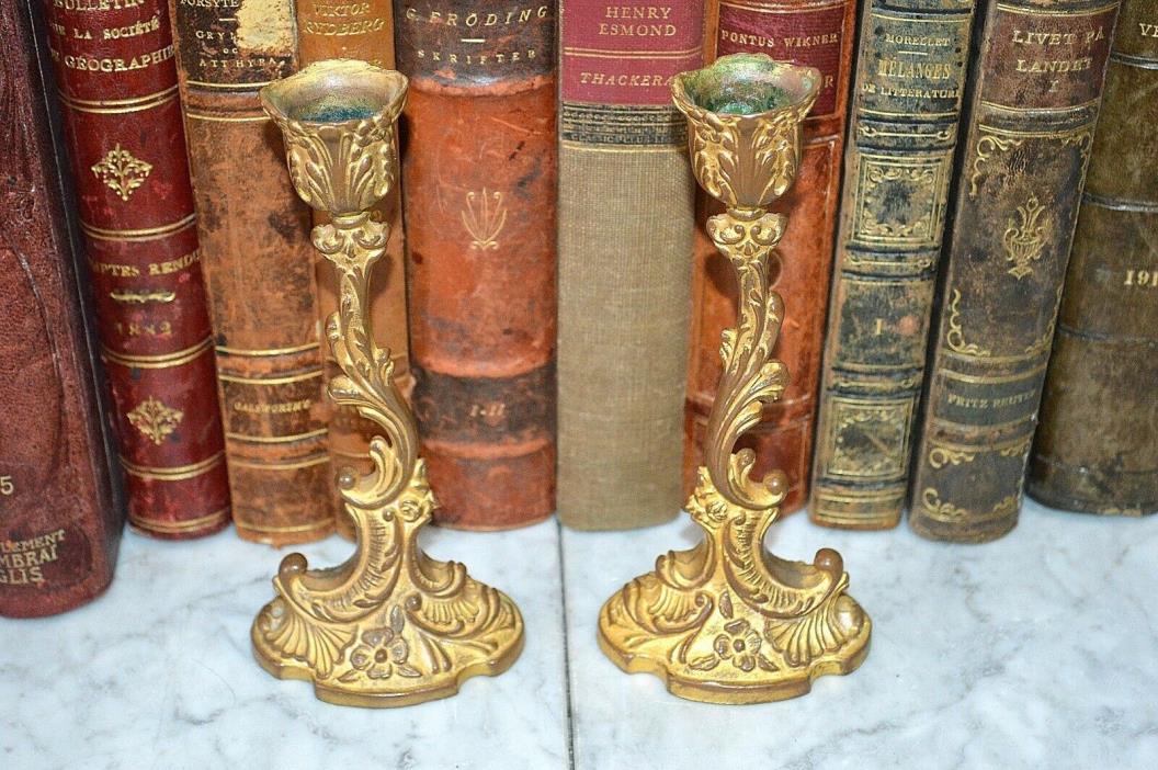 Antique Pair French Bronze Ormolu Art Nouveau Floral Candlesticks Candle Holders