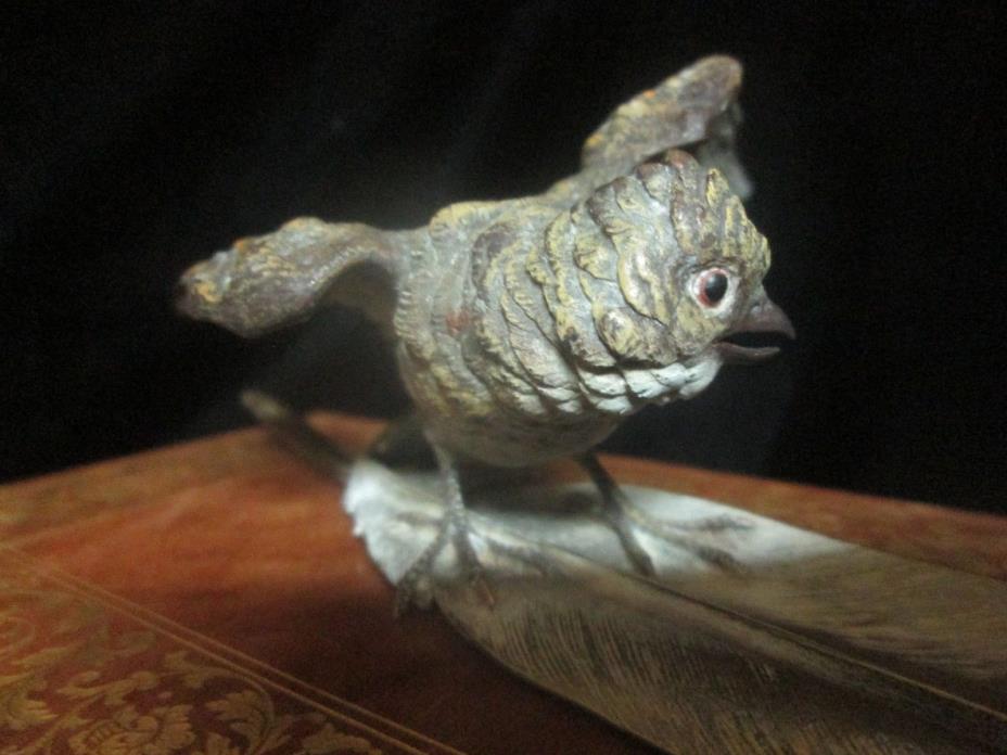 Life Size Vienna Austrian Bronze Bird on Feather w/ Frog