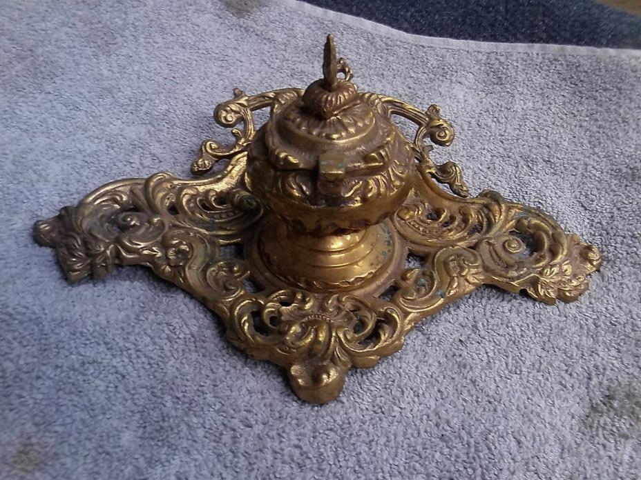 Antique Vintage Hand Made Forged Brass Ink well Candle Stick Holder