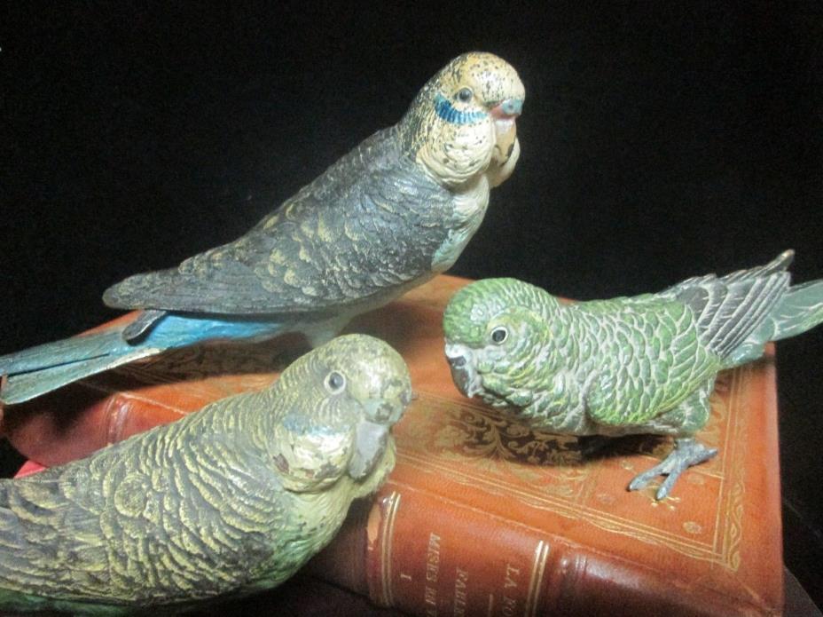 3 Antique Vienna Austrian Bronze Life Size Parakeets Budgies Birds