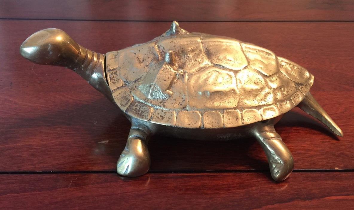 Antique Solid Brass Turtle, Asian Marked Trinket Box, 9 Inches, Circa 1950's