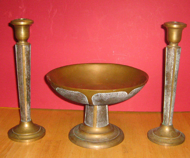 Vintage Rare Pair of Heavy Bronze/Brass Candlestick and bowl