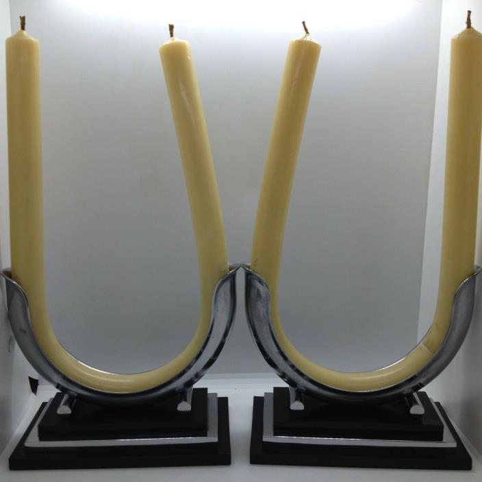 1933 Art Deco DOLE VALVE CANDELABRA PAIR Chrome Black Bakelite U shape Candle