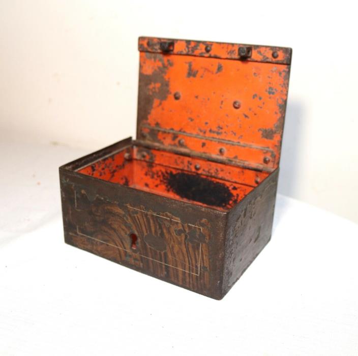 antique heavy duty forged iron decorated strong money jewel box safe w/ handle
