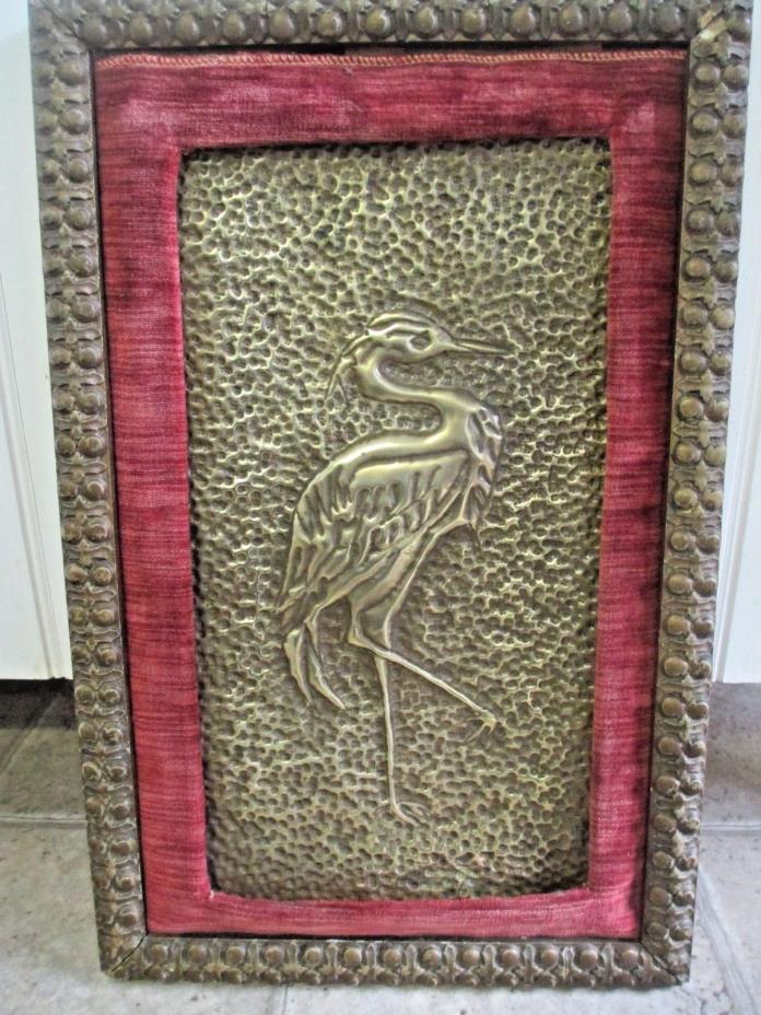 ANTIQUE HAND HAMMERED BRASS REPOUSSE CRANE HERON WALL HANGING