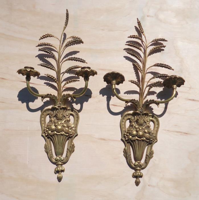 Antique Ornate Fruit & Wheat Bronze Ormolu Candle Wall Sconces Marked- a pair