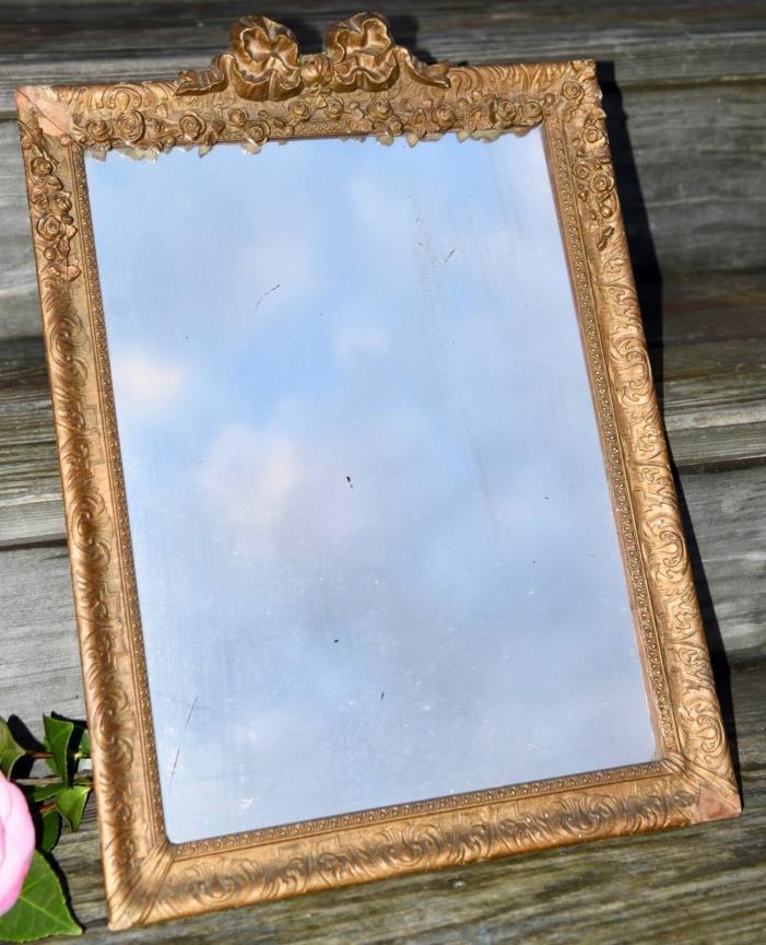 Antique French Plaster Gold Wall Mirror  FRAME VICTORIAN ROSES BOW 18