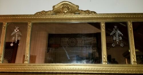 Antique Gold Gilt Wood Carved 5 Panel Victorian Mirror Reverse Etched Floral...