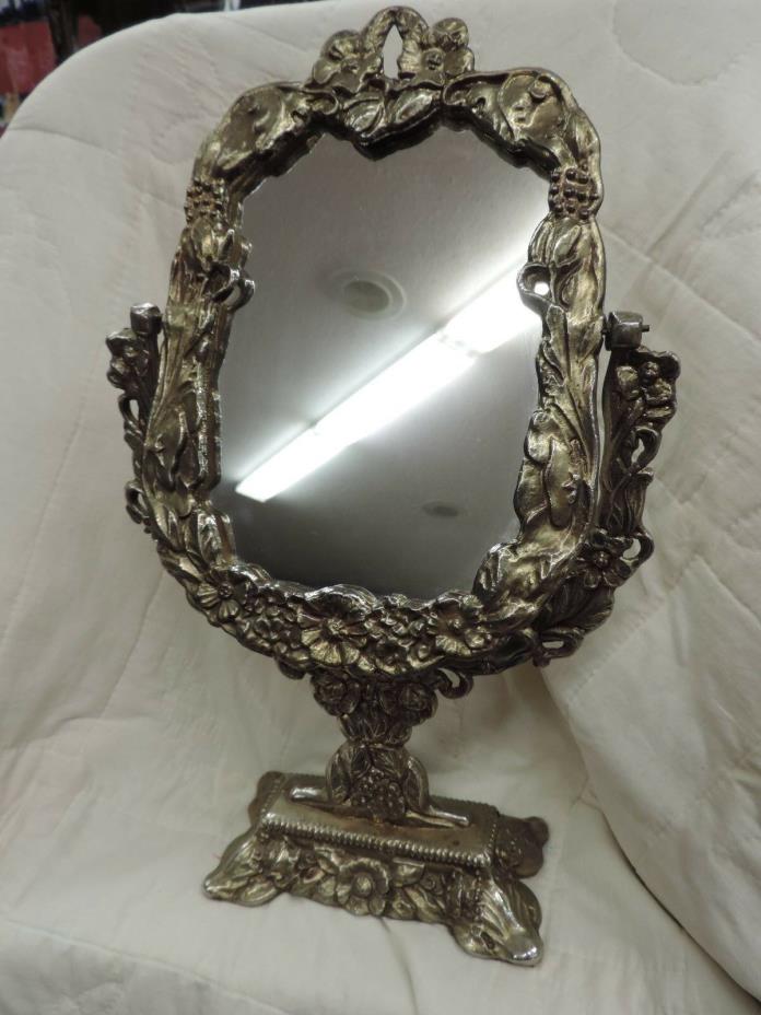 Vintage Cast Metal Free Standing Mirror Swiveling Mirror Ornate Mirror on stand