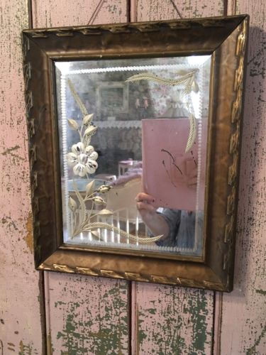 Adorable Antique Etched Beveled Mirror Floral Design Shabby Garden Style #N