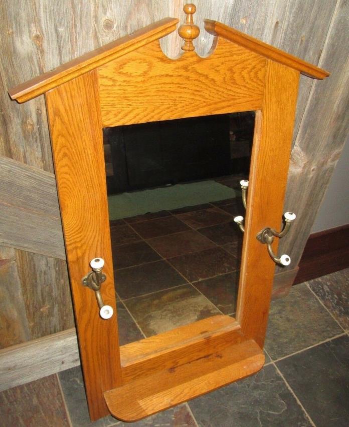 Antique Arts & Crafts Oak Framed Wall Mirror w/2 Brass Hooks = shelf 39