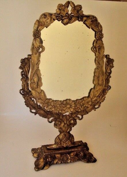 Antique Ornate Victorian Rococo Swivel Brass Vanity Dresser Mirror Stand 17