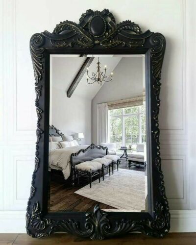 Large Vintage French - Style Ornate Framed Mirror Black Beveled Wall Hollywood