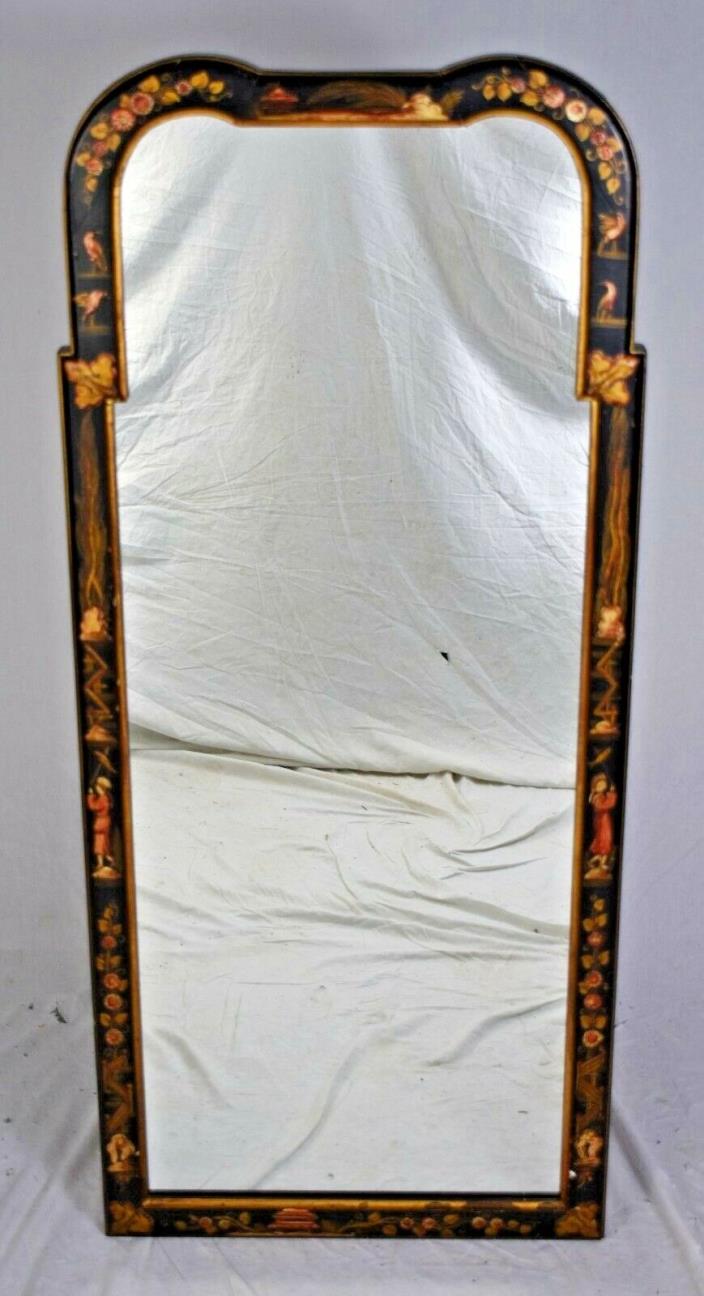 Chinoiserie Decorated Wall Mirror Floral & Figural Black Frame made in Italy