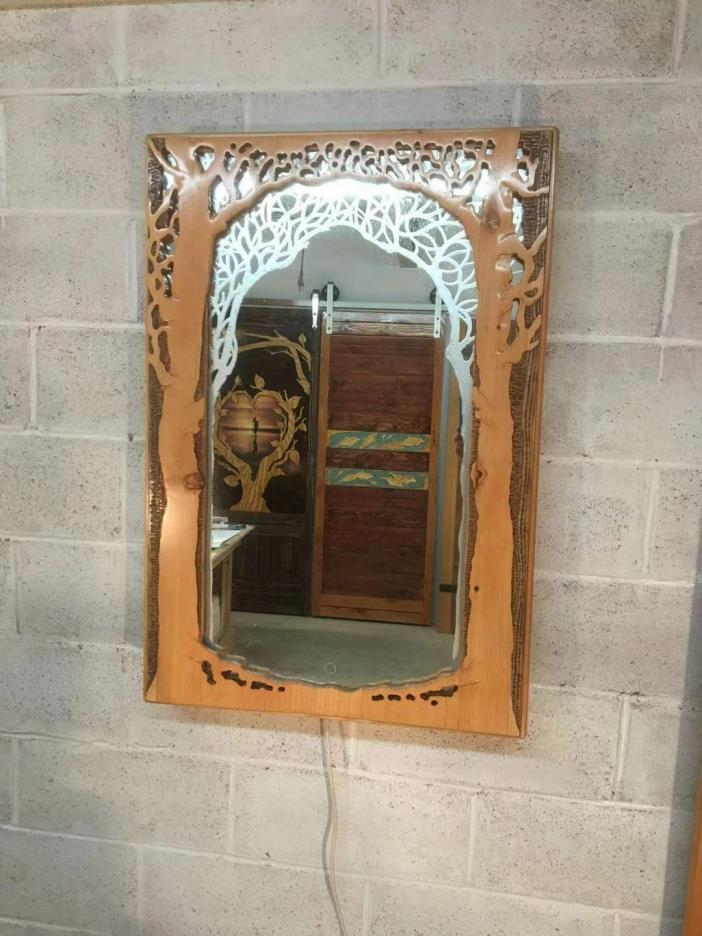 Artistic Wood Carved Glass Etch desginer Mirror with Lighting