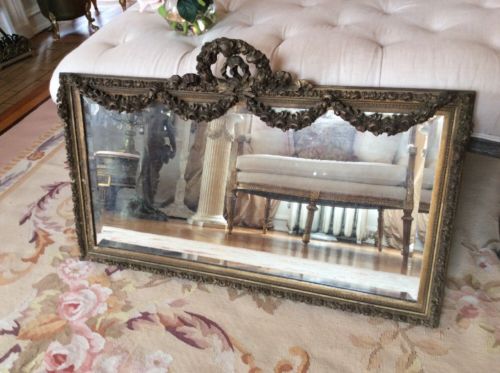SHABBY Antique VTG FRENCH OLD  Barbola swag ROSE WREATH Mirror GESSO FRAME