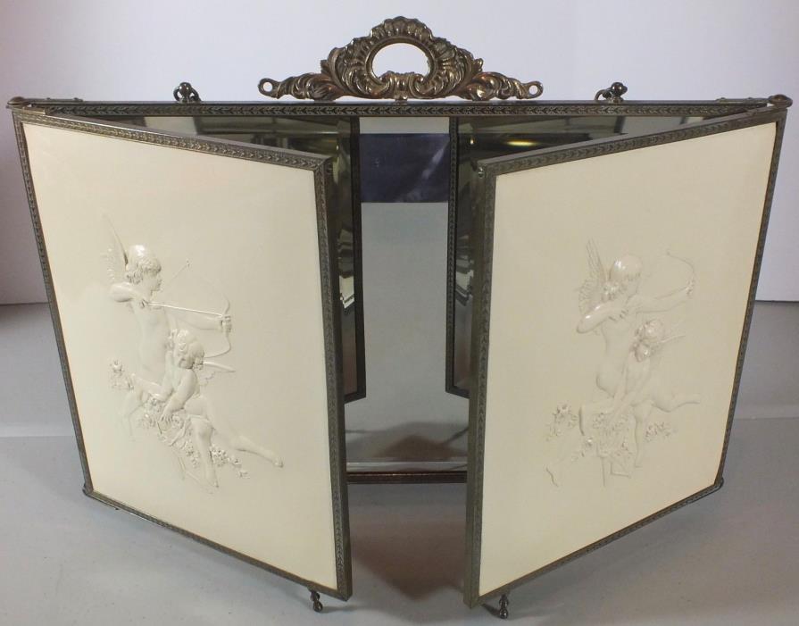 Beautiful Antique Tri-Fold Mirror Brass Frame & Legs ~ Celluloid Cupid & Cherubs