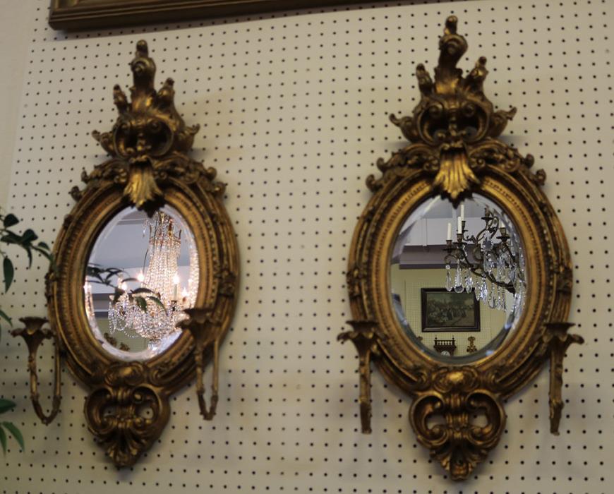 Large Pair French Baroque Gilded Gold Leaf Beveled Mirrors w Candle Holders