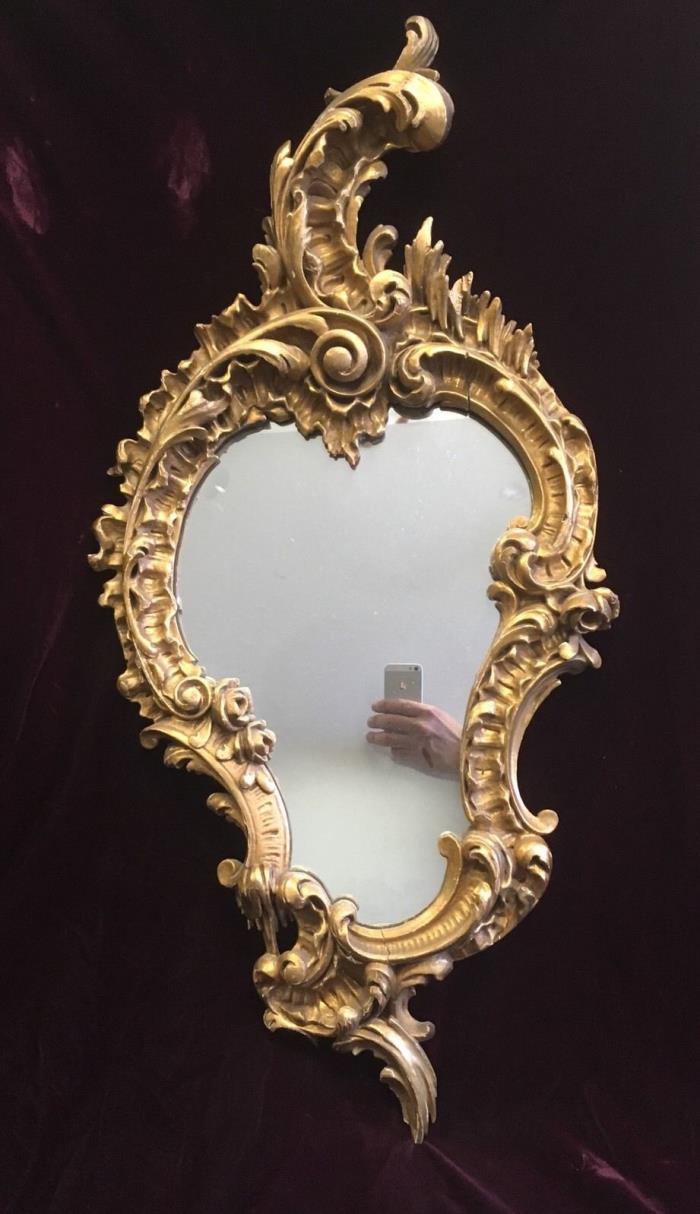 ANTIQUE CARVED WOOD SCROLL-FLOWERS WALL MIRROR FRAME GOLD GILT 18thC-19thC