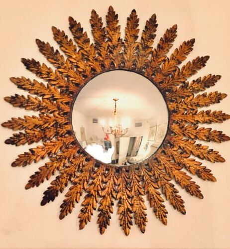 Mid Century Italian Convex Mirror Sunburst Leaves Distressed Gold Metal