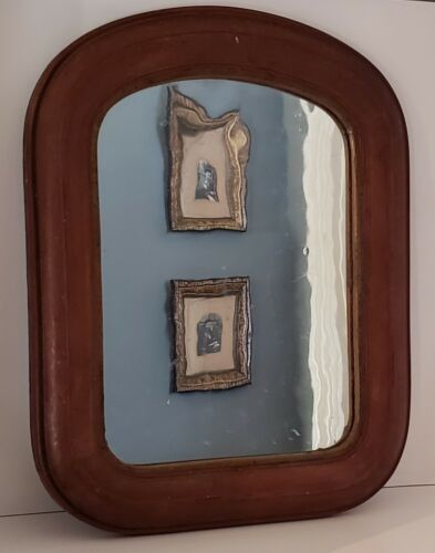 1800's Antique Small Oval Top Wood Frame Primitive Shaving Wall Mirror 15x13