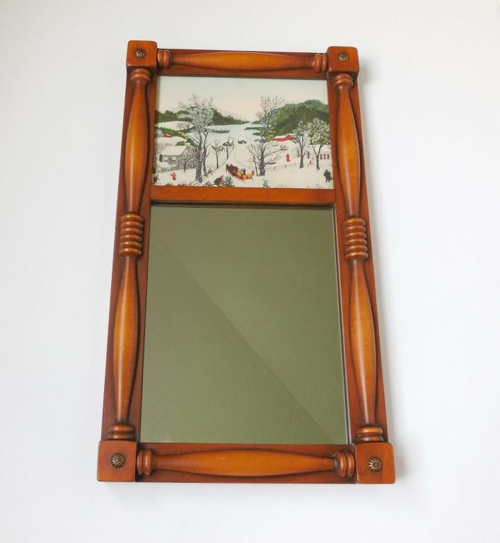Antique Solid Wood Wall Mirror Federal Colonial Frame Grandma Moses Winter Print