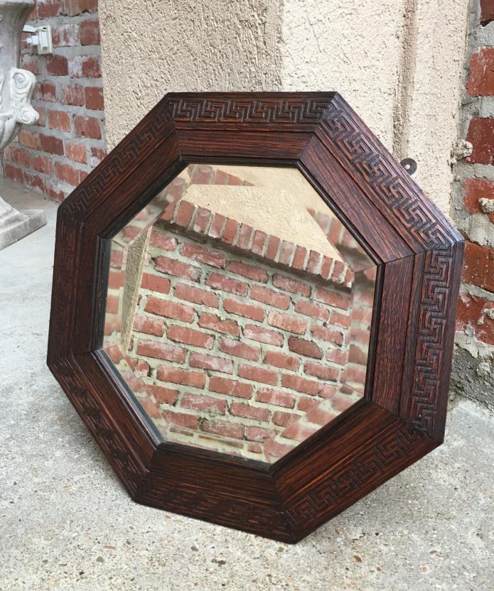 Antique English Carved Oak Octagon Frame Beveled Wall Mirror Greek Key Jacobean