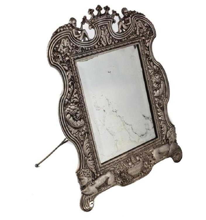 Antique French Silvered Bronze Easle-Back Mirror, 19th Century