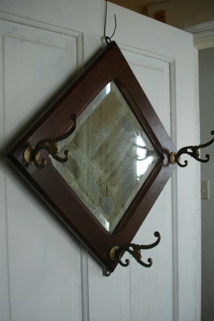 Antique Oak Frame Beveled Mirror Devil Hooks 14