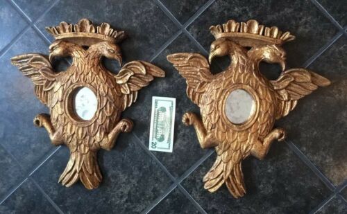2 Antique Gold Gilt Gesso Eagle Mirrors Carved Wood Crown Crest Bird Imperial