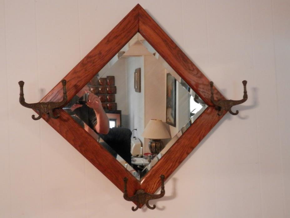 Entry Way Antique Arts & Crafts Beveled Mirror wall Hat/Coat Rack