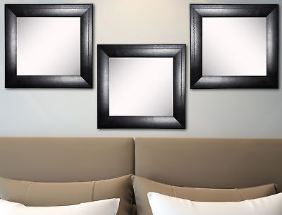 Winston Porter Hille Stitched Black Leather Wall Mirror Set of 3