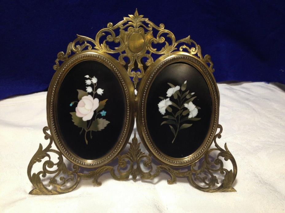Florentine Victorian Brass Double Pietra Dura Easel Picture Frame
