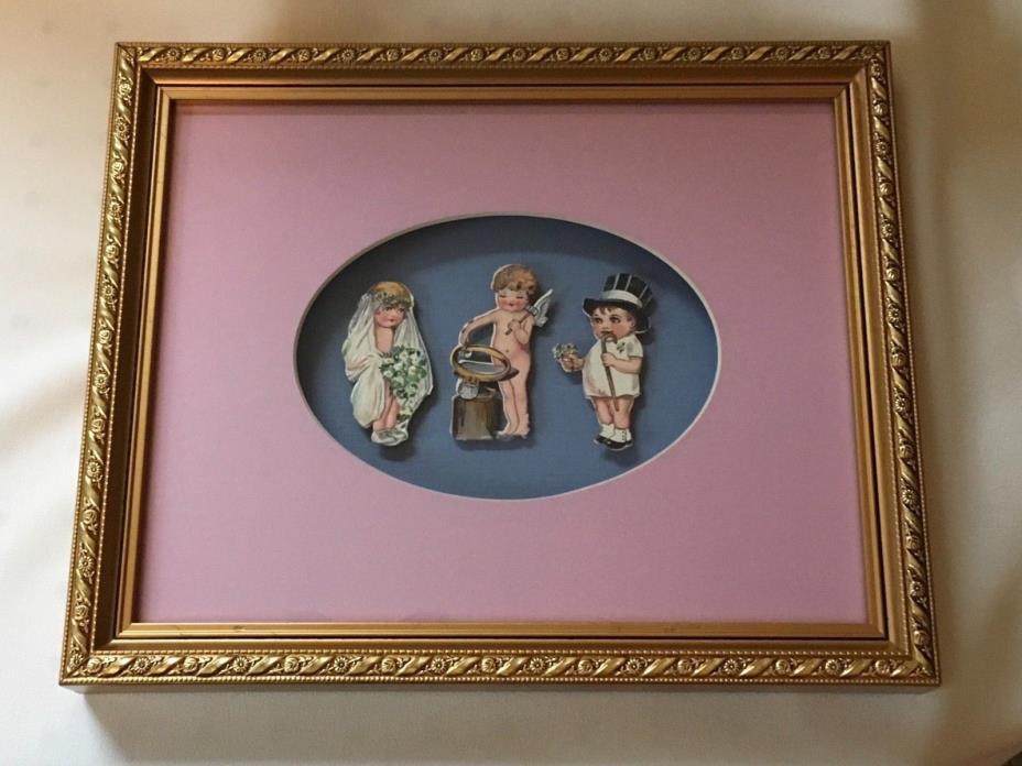 ANTIQUE VICTORIAN CARD CUTOUTS FRAMED IN SHADOW BOX WEDDING GVC