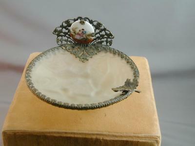 OLD Frost Glass Birds Metal Filigree Dresser Jewelry Trinket Dish  HP Limoges Je
