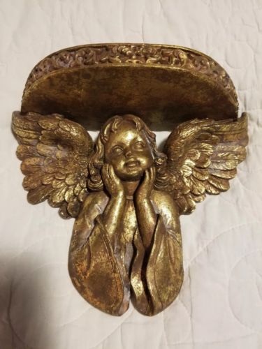 2 Vintage Carved RESIN Cherub Wall Sconce Shelf Accent Decor 8.5