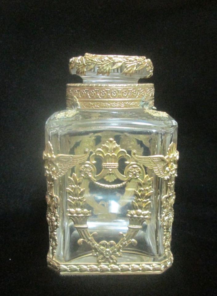 Antique Gilt Ormolu Bronze Crystal French Empire Jar Caddy