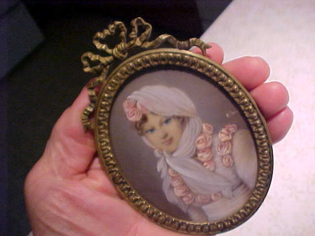 Vintage Old Antique Miniature Oil Painting Portrait Girl in Flowers Signed HL