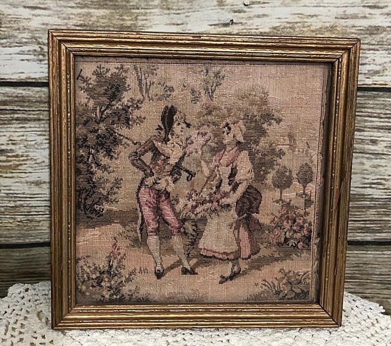 Antique Vintage Framed Needlepoint Needlework Tapestry French Courting Couple