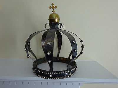 Exquisite RARE HUGE Antique Ornate Silver Metal & Rhinestone Paste Jeweled Crown