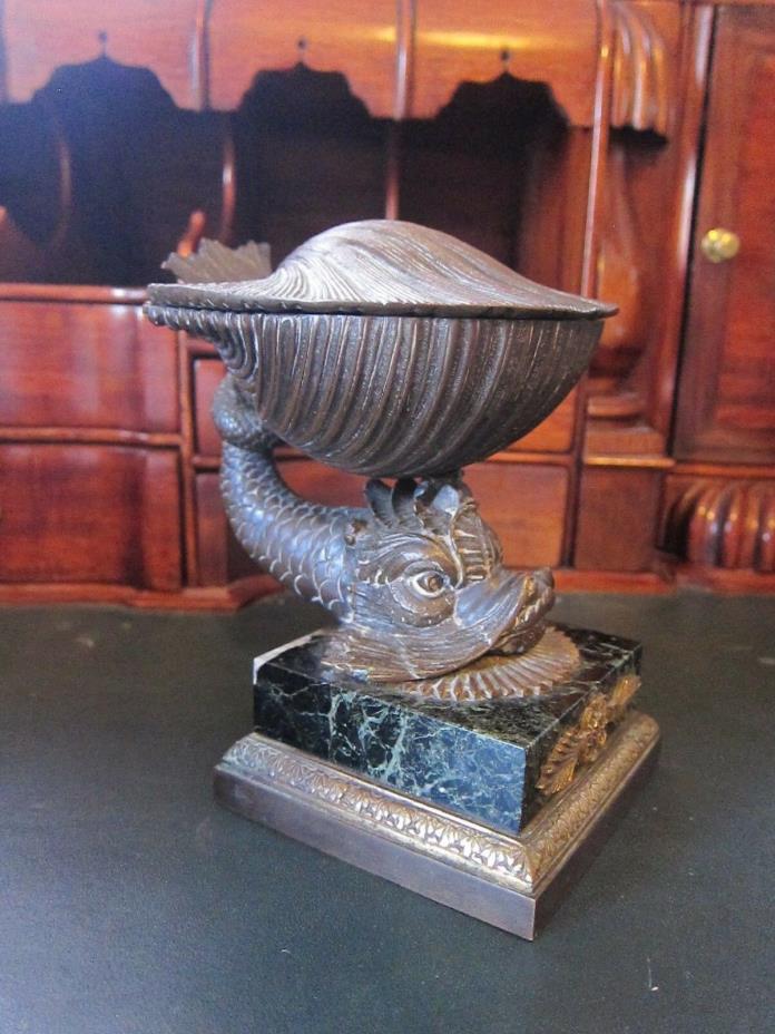 Antique Bronze Marble Inkwell Regency  Manner Thomas Messenger Shell on Dolphin