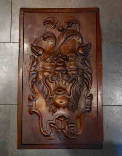 Antique CARVED WOODEN Growling GARGOYLE PANEL - , HIGH RELIEF