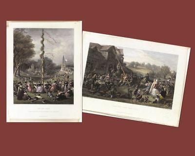 Set of 2 Hand Coloured Vintage Victorian Prints May Pole Antique Aquatint Old
