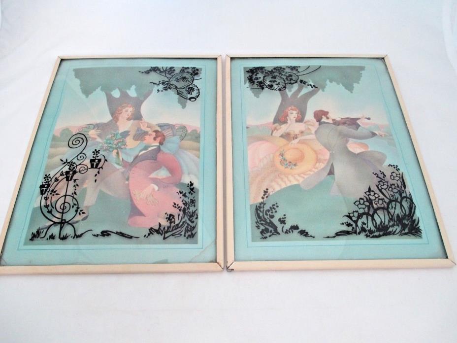 VICTORIAN PAIR CONVEX BUBBLE GLASS COURTING COUPLE FRAMED REVERSE PAINTING