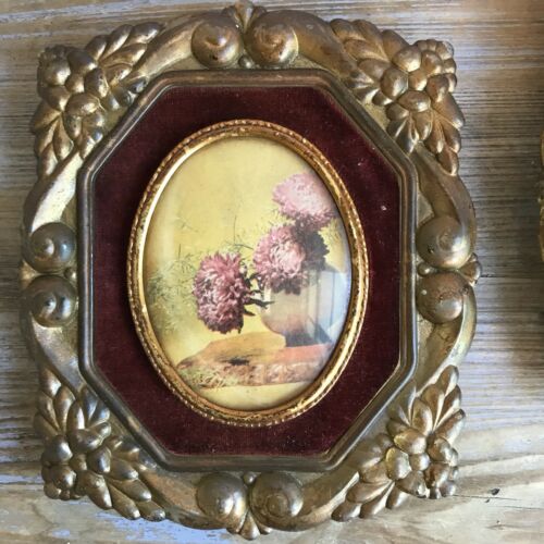 Antique Picture Frames Cameo Creation Flowers Set of Two Gold Tone Burgundy