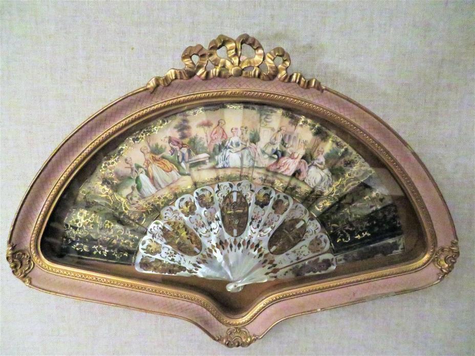 ANTIQUE HAND PAINTED Italy wood paper Victorian fan in glass gilt frame 23 x 17